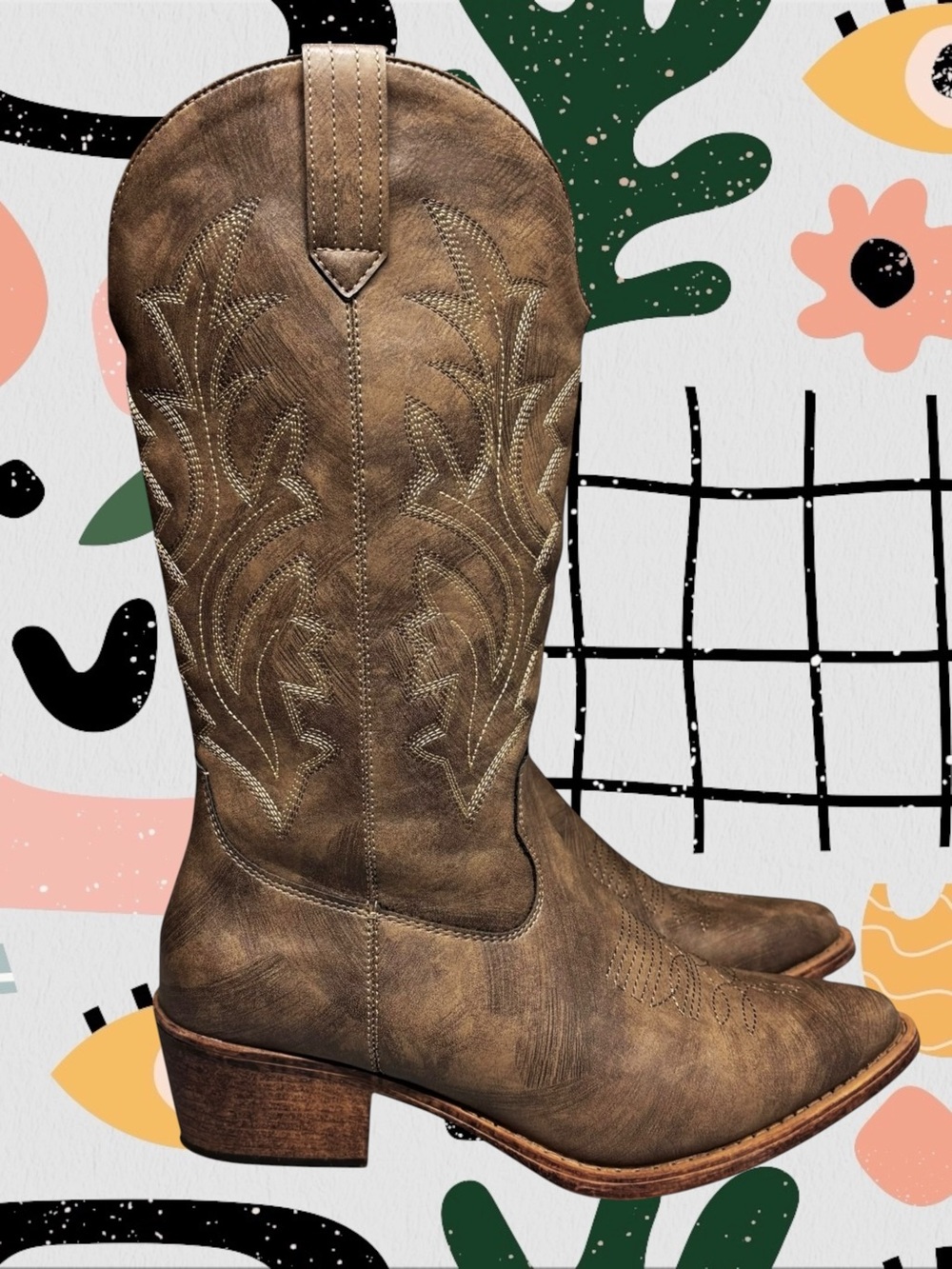 Global Win | Women’s Brown Faux Leather Embroidered Western Cowboy Boots